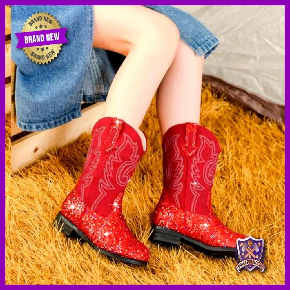 Glitter Cowgirl Boots Mid Calf Square Toe Non-Slip Toddler Western Riding Shoes